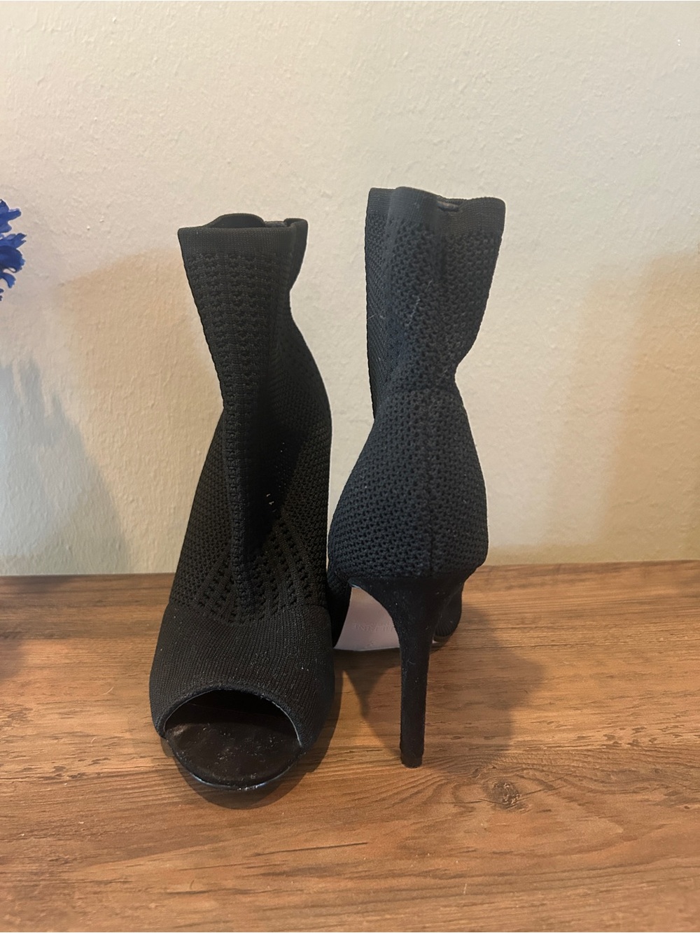 Catherine Malandrino Black Knit Peep-Toe Stiletto Booties